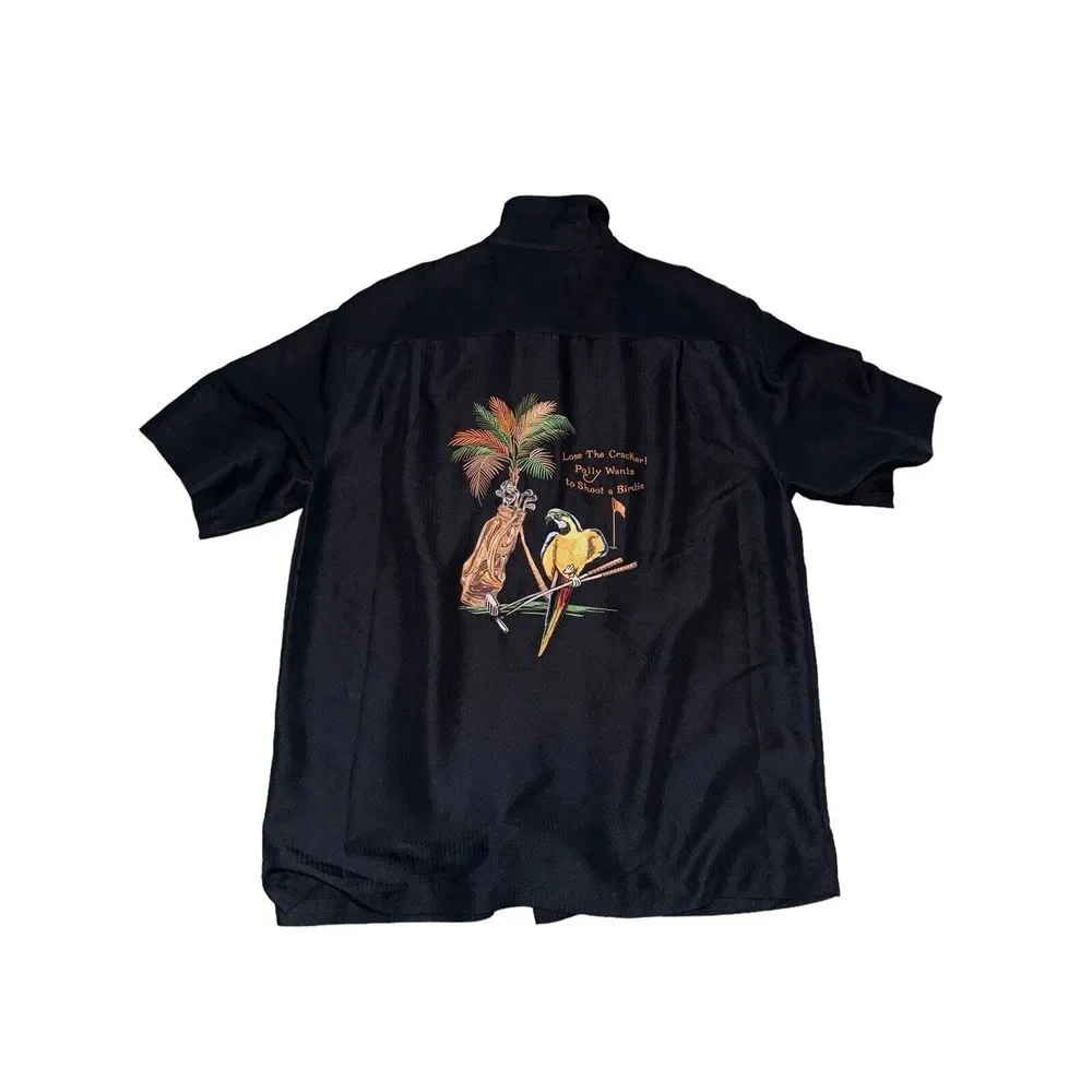 Caribbean Shirt Mens Extra Large Black Hawaiian Polly Wants To Shoot A‎ Birdie
